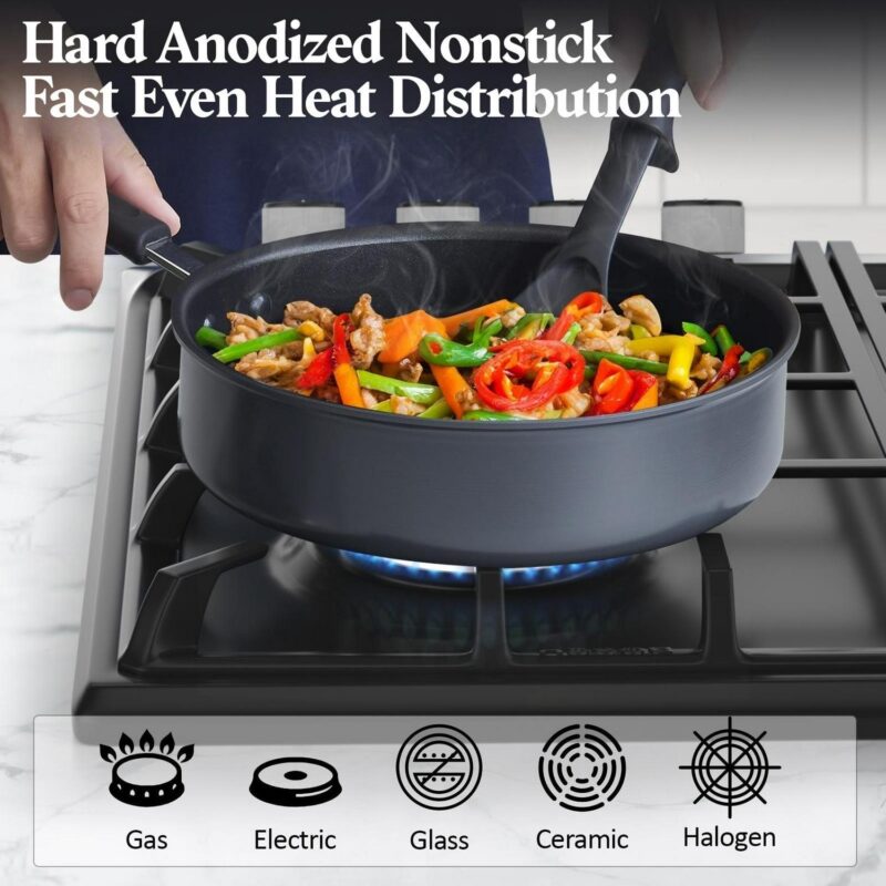 Cook N Home Pots and Pans Set Nonstick Professional Hard Anodized Cookware Sets 12-Piece, Dishwasher Safe with Stay-Cool Handles, Black - Image 6