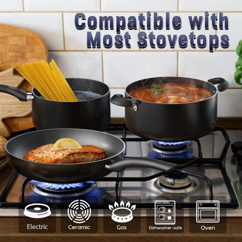 Cook N Home Pots and Pans Nonstick Cooking Set includes Saucepan Frying Pan Kitchen Cookware 15-Piece, Stay Cool Handle, Black - Image 3