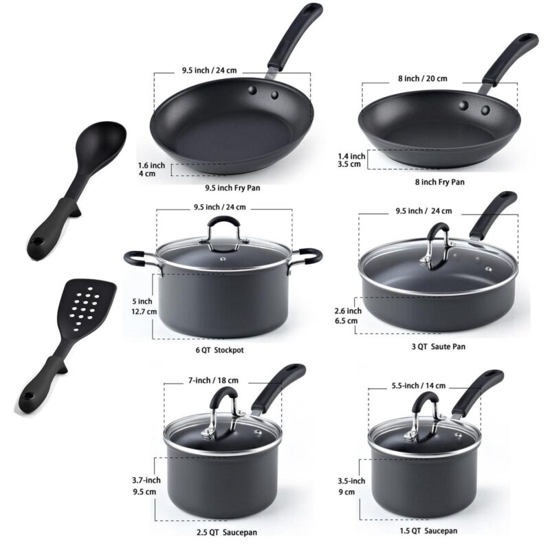 Cook N Home Pots and Pans Set Nonstick Professional Hard Anodized Cookware Sets 12-Piece, Dishwasher Safe with Stay-Cool Handles, Black - Image 2