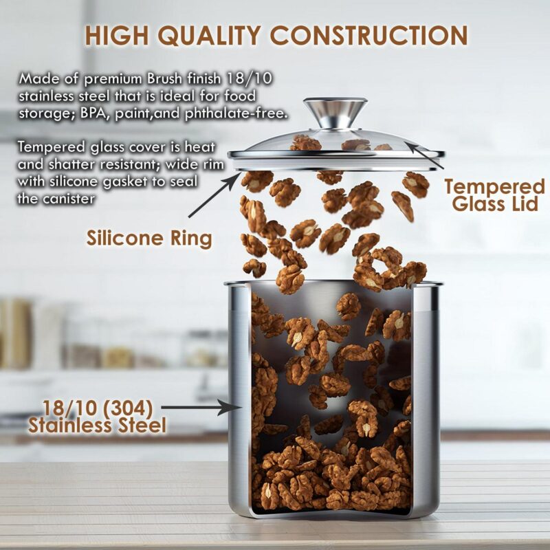 Cooks Standard Stainless Steel Food Jar Storage Canister Set Large 4-Piece, 1.6qt/2.5qt/3.5qt /5qt Airtight Containers with Glass Lid for Tea Coffee Sugar Flour Pantry Kitchen Counter - Image 6
