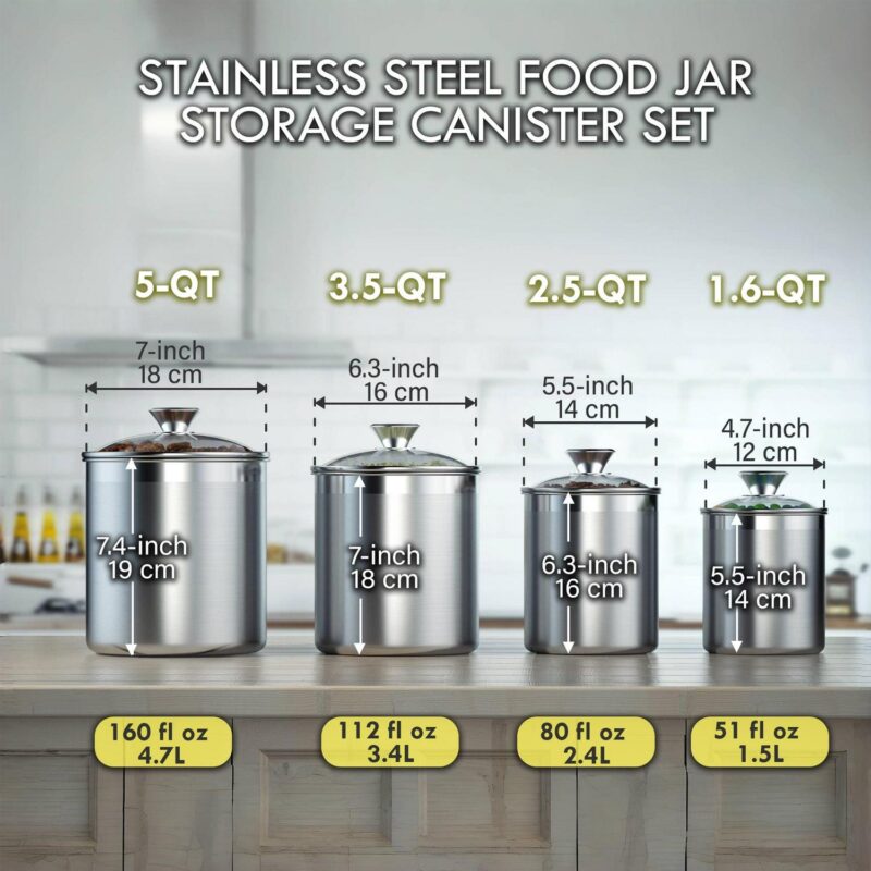 Cooks Standard Stainless Steel Food Jar Storage Canister Set Large 4-Piece, 1.6qt/2.5qt/3.5qt /5qt Airtight Containers with Glass Lid for Tea Coffee Sugar Flour Pantry Kitchen Counter - Image 4
