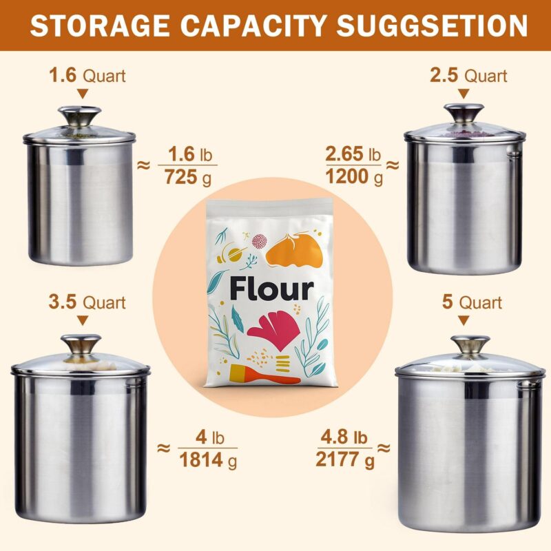 Cooks Standard Stainless Steel Food Jar Storage Canister Set Large 4-Piece, 1.6qt/2.5qt/3.5qt /5qt Airtight Containers with Glass Lid for Tea Coffee Sugar Flour Pantry Kitchen Counter - Image 3