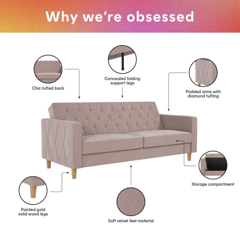 CosmoLiving Liberty Futon with Storage, Blush Velvet - Image 12