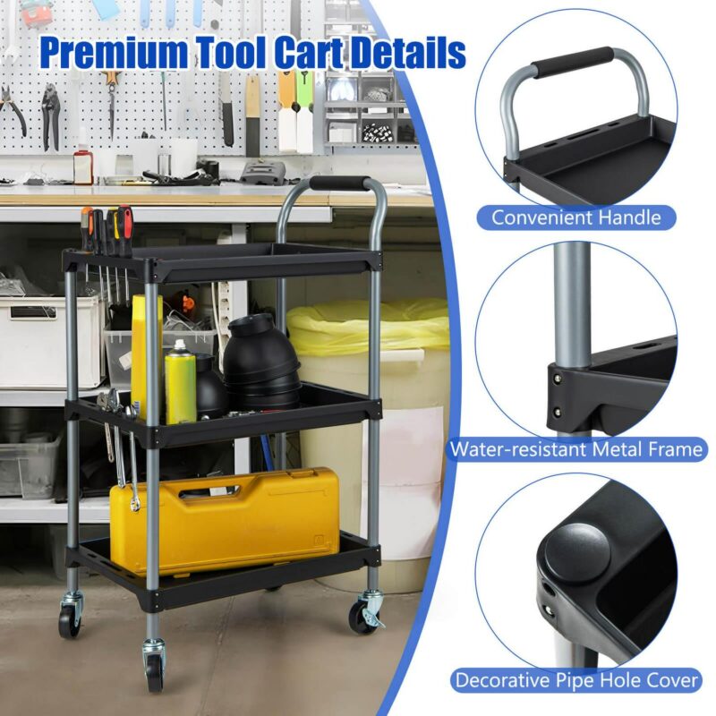 Costway 3 Layer Utility Rolling Tool Cart with Lockable Universal Wheels Ergonomic Handle - Image 7