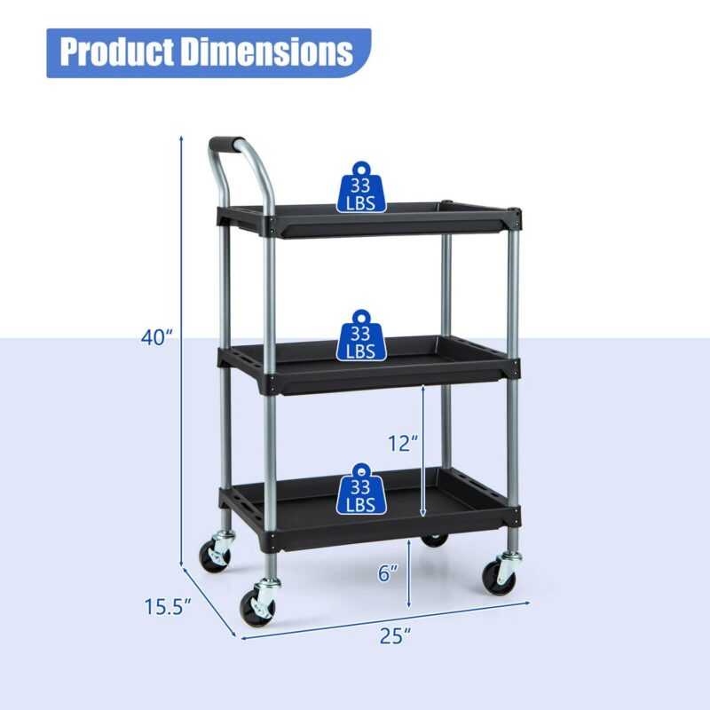 Costway 3 Layer Utility Rolling Tool Cart with Lockable Universal Wheels Ergonomic Handle - Image 3