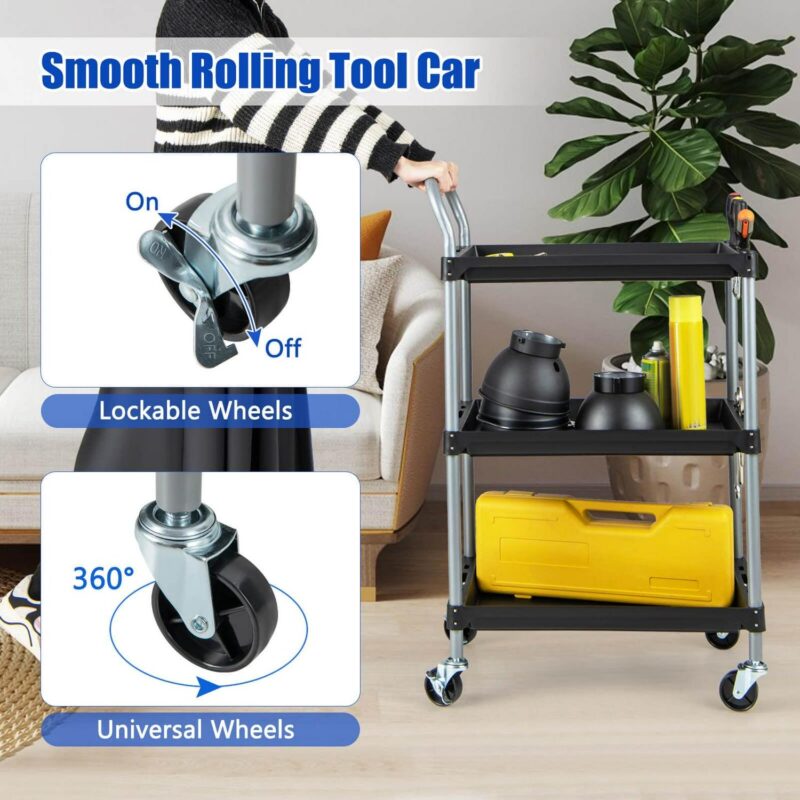 Costway 3 Layer Utility Rolling Tool Cart with Lockable Universal Wheels Ergonomic Handle - Image 5