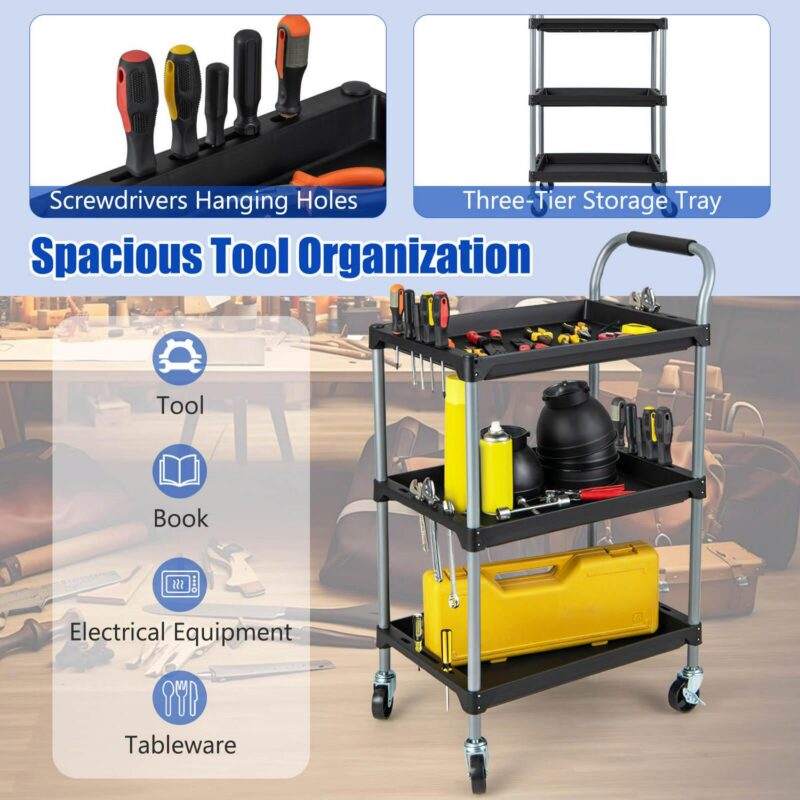 Costway 3 Layer Utility Rolling Tool Cart with Lockable Universal Wheels Ergonomic Handle - Image 8
