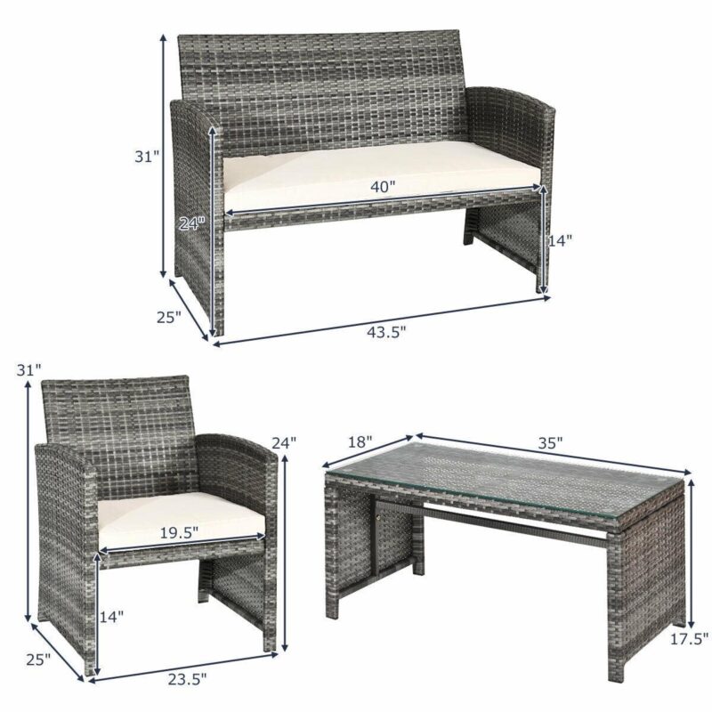 Costway 4PCS Patio Rattan Furniture Set Conversation Glass Table Top Cushioned Sofa White - Image 3
