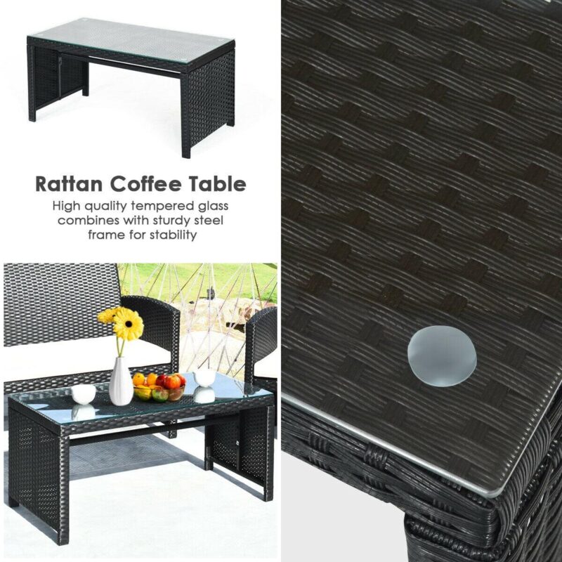 Costway 4PCS Patio Rattan Furniture Conversation Set Cushioned Sofa Table Garden Black - Image 6