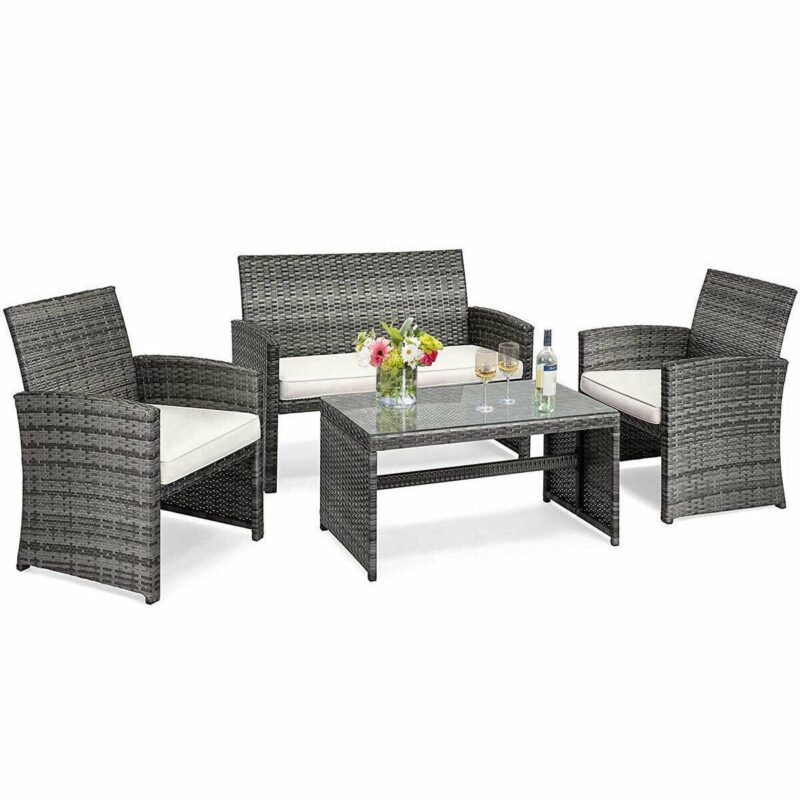 Costway 4PCS Patio Rattan Furniture Set Conversation Glass Table Top Cushioned Sofa White - Image 2