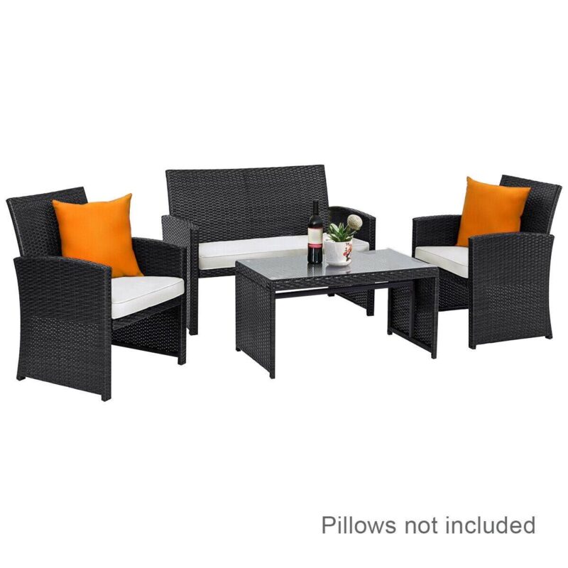 Costway 4PCS Patio Rattan Furniture Conversation Set Cushioned Sofa Table Garden Black - Image 4