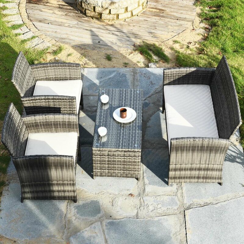Costway 4PCS Patio Rattan Furniture Set Conversation Glass Table Top Cushioned Sofa White - Image 4