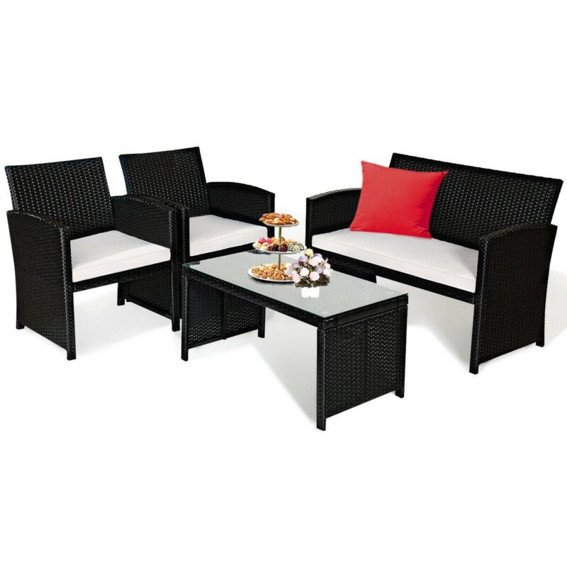 Costway 4PCS Patio Rattan Furniture Conversation Set Cushioned Sofa Table Garden Black - Image 8