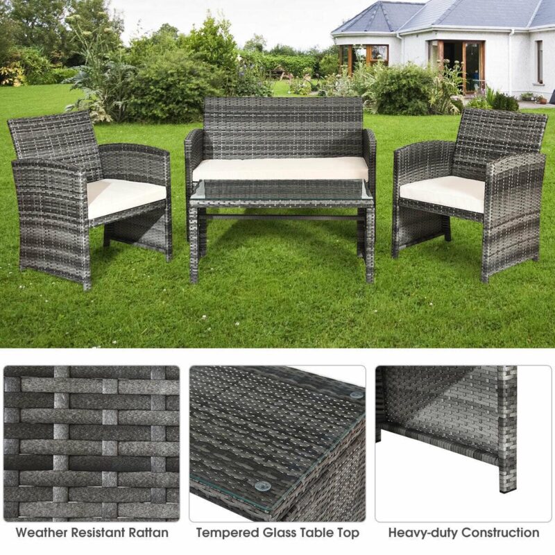 Costway 4PCS Patio Rattan Furniture Set Conversation Glass Table Top Cushioned Sofa White - Image 5
