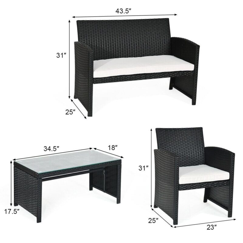 Costway 4PCS Patio Rattan Furniture Conversation Set Cushioned Sofa Table Garden Black - Image 3