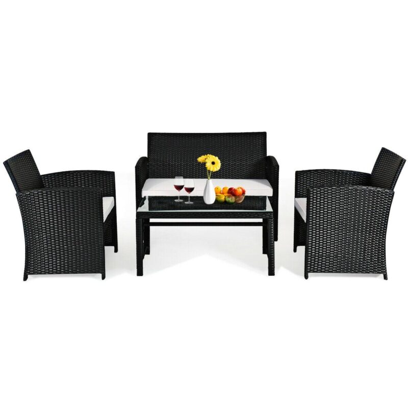 Costway 4PCS Patio Rattan Furniture Conversation Set Cushioned Sofa Table Garden Black - Image 9