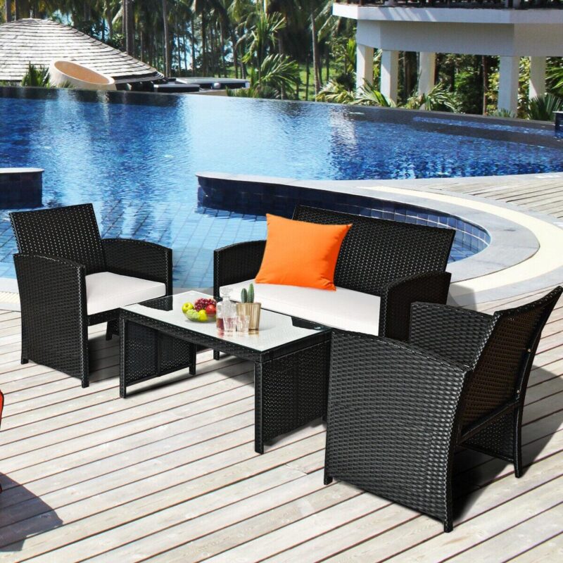 Costway 4PCS Patio Rattan Furniture Conversation Set Cushioned Sofa Table Garden Black - Image 5