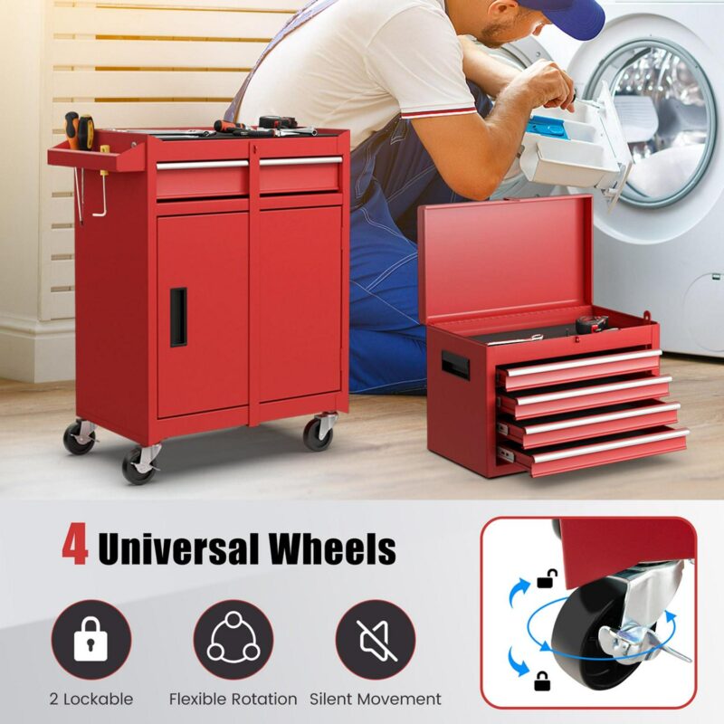 Costway 5-Drawer Rolling Tool Chest Cabinet Metal Tool Storage Box Lockable with Wheels Red - Image 9