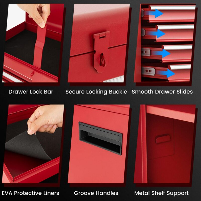 Costway 5-Drawer Rolling Tool Chest Cabinet Metal Tool Storage Box Lockable with Wheels Red - Image 6