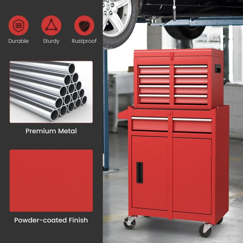 Costway 5-Drawer Rolling Tool Chest Cabinet Metal Tool Storage Box Lockable with Wheels Red - Image 7