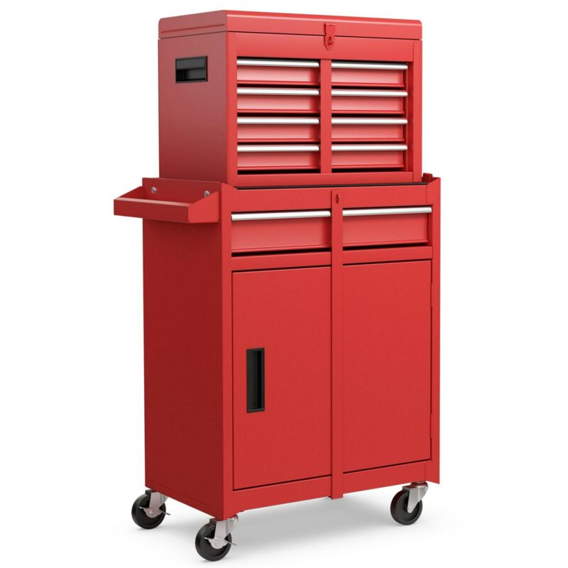 Costway 5-Drawer Rolling Tool Chest Cabinet Metal Tool Storage Box Lockable with Wheels Red - Image 10