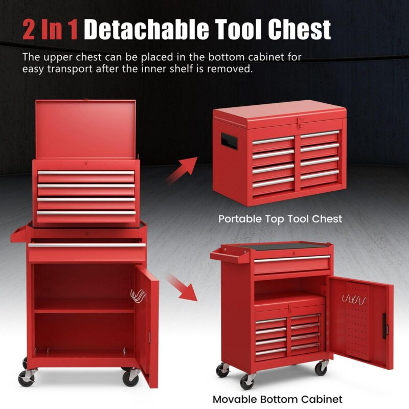 Costway 5-Drawer Rolling Tool Chest Cabinet Metal Tool Storage Box Lockable with Wheels Red - Image 4
