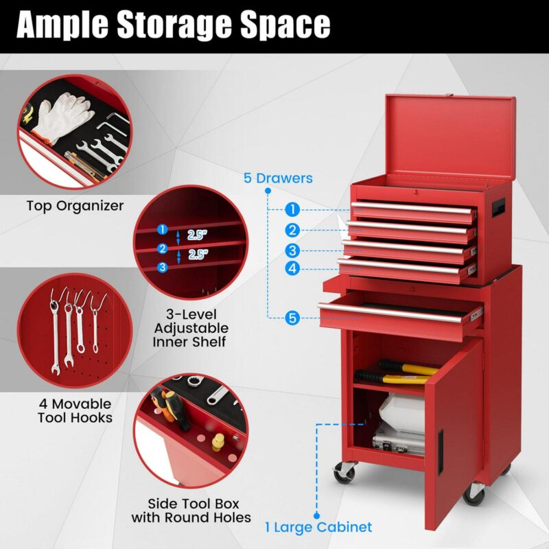 Costway 5-Drawer Rolling Tool Chest Cabinet Metal Tool Storage Box Lockable with Wheels Red - Image 5
