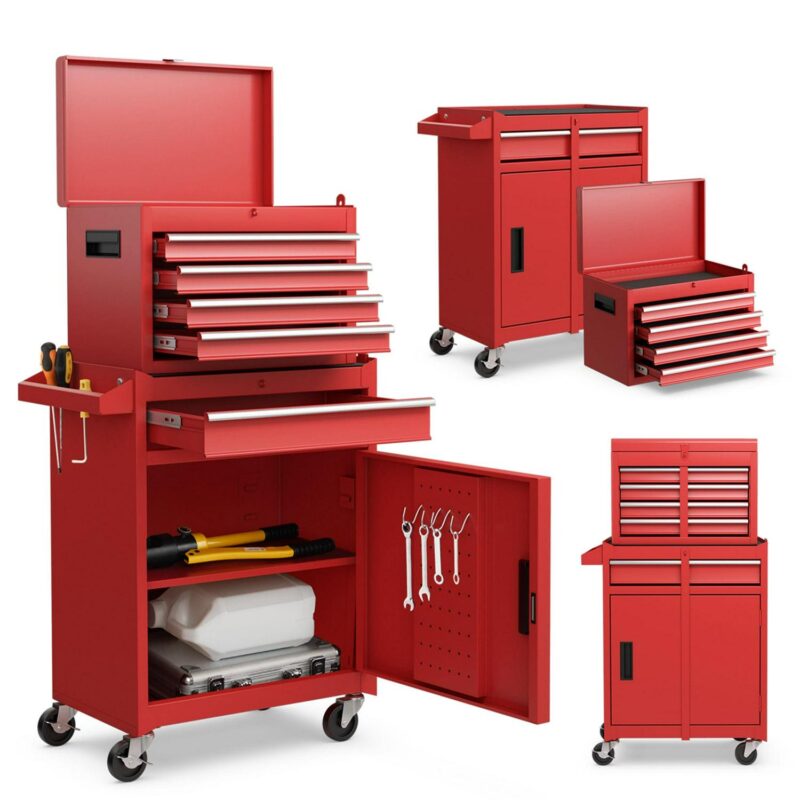 Costway 5-Drawer Rolling Tool Chest Cabinet Metal Tool Storage Box Lockable with Wheels Red