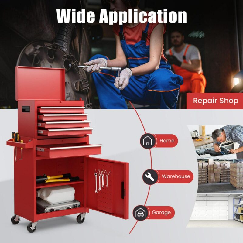 Costway 5-Drawer Rolling Tool Chest Cabinet Metal Tool Storage Box Lockable with Wheels Red - Image 8