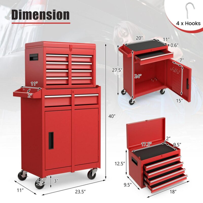 Costway 5-Drawer Rolling Tool Chest Cabinet Metal Tool Storage Box Lockable with Wheels Red - Image 3
