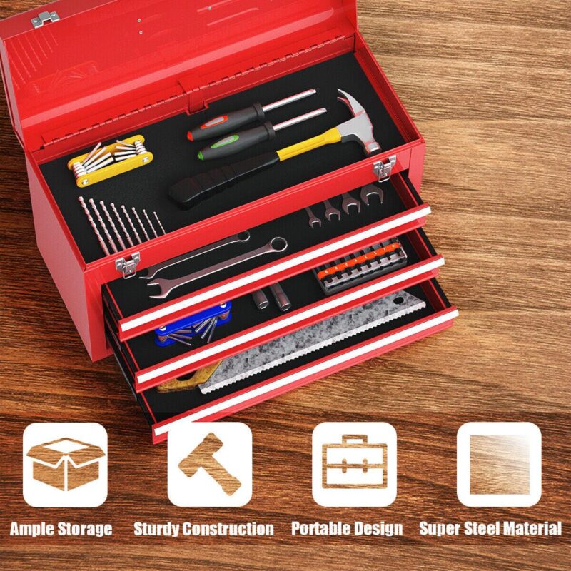 Costway Portable Tool Chest Box Storage Cabinet Garage Mechanic Organizer 3 Drawers Red - Image 7