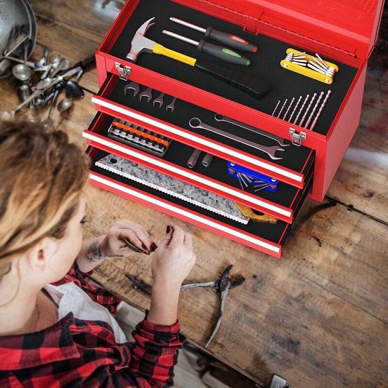 Costway Portable Tool Chest Box Storage Cabinet Garage Mechanic Organizer 3 Drawers Red - Image 5