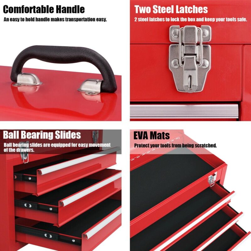 Costway Portable Tool Chest Box Storage Cabinet Garage Mechanic Organizer 3 Drawers Red - Image 8