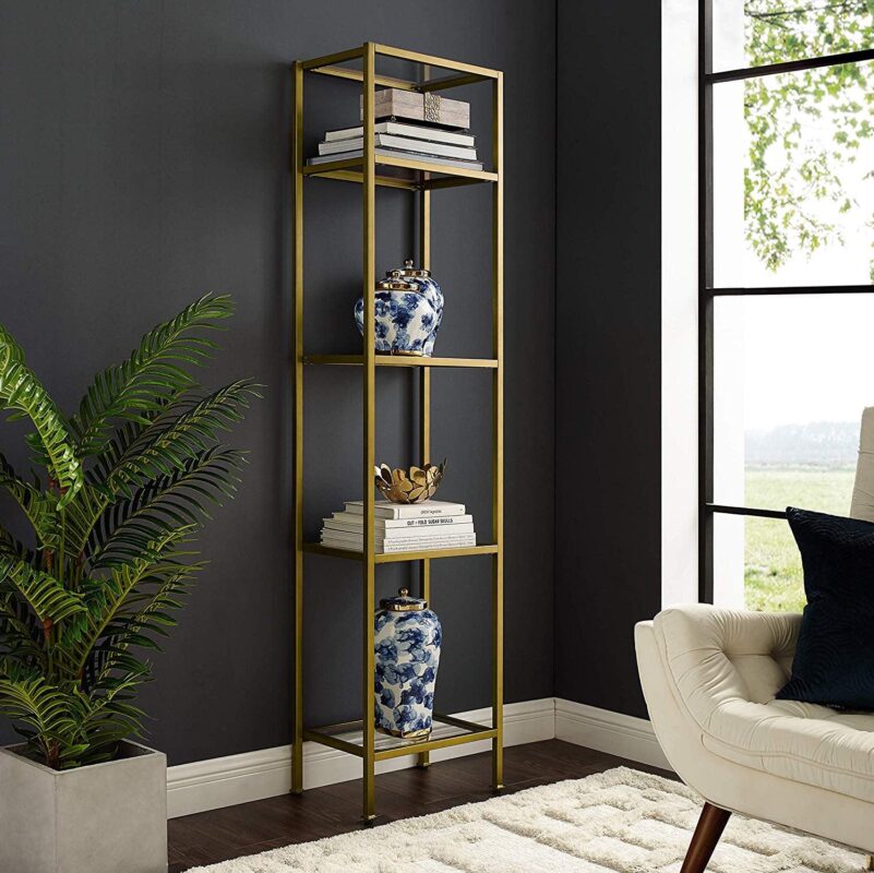 Crosley Furniture Aimee 4 Shelf Narrow Glass/Metal Etagere in Antique Gold - Image 6