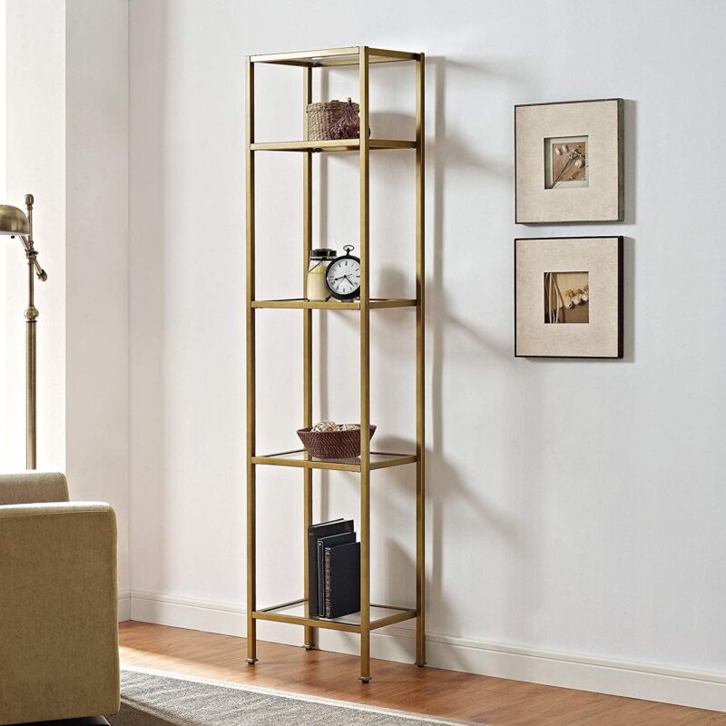 Crosley Furniture Aimee 4 Shelf Narrow Glass/Metal Etagere in Antique Gold - Image 3