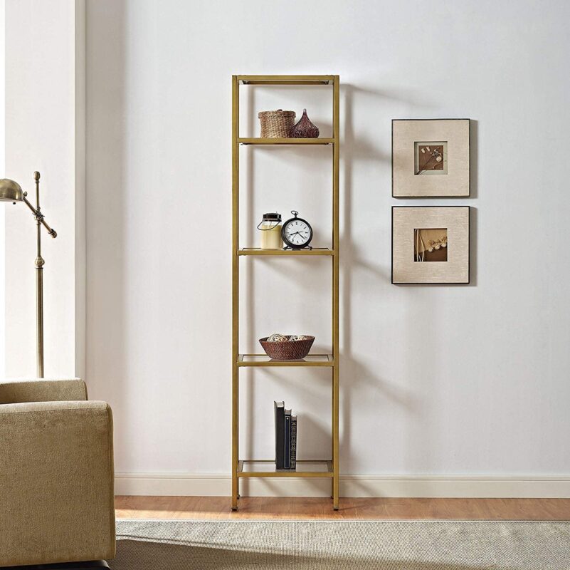 Crosley Furniture Aimee 4 Shelf Narrow Glass/Metal Etagere in Antique Gold - Image 2