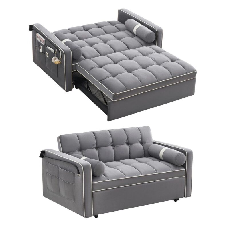 DEALTOPS 3 in 1 Sofa Bed, 55  Loveseat Sleeper with Two Pillows and Phone Stand, Gray - Image 7