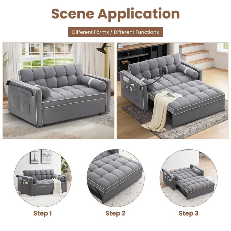 DEALTOPS 3 in 1 Sofa Bed, 55  Loveseat Sleeper with Two Pillows and Phone Stand, Gray - Image 4