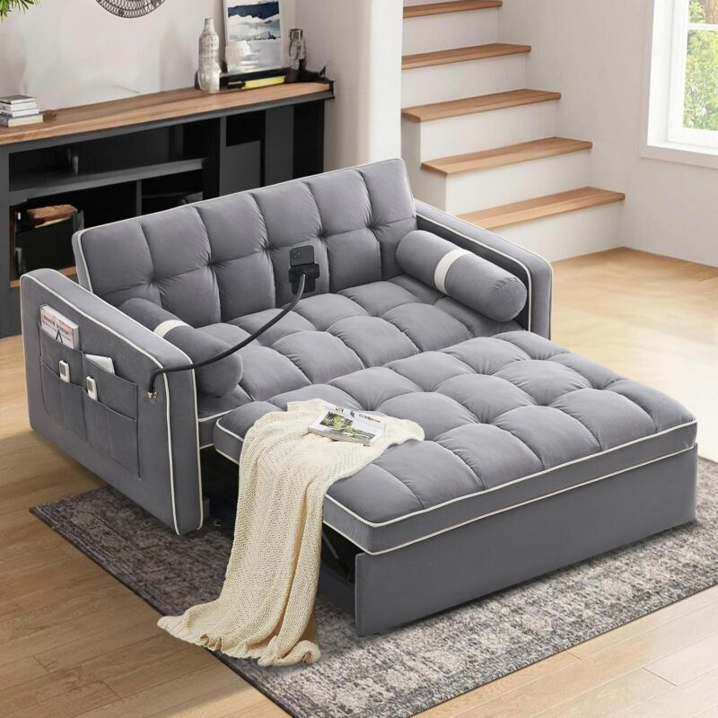 DEALTOPS 3 in 1 Sofa Bed, 55  Loveseat Sleeper with Two Pillows and Phone Stand, Gray