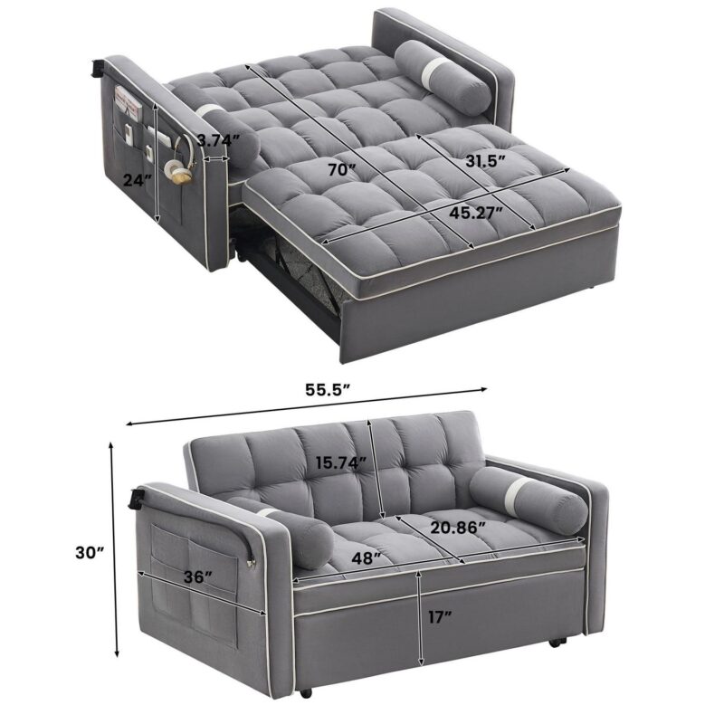 DEALTOPS 3 in 1 Sofa Bed, 55  Loveseat Sleeper with Two Pillows and Phone Stand, Gray - Image 8
