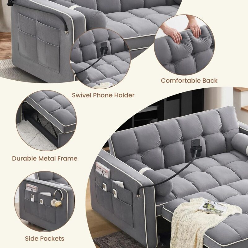 DEALTOPS 3 in 1 Sofa Bed, 55  Loveseat Sleeper with Two Pillows and Phone Stand, Gray - Image 5
