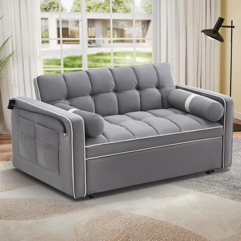 DEALTOPS 3 in 1 Sofa Bed, 55  Loveseat Sleeper with Two Pillows and Phone Stand, Gray - Image 3