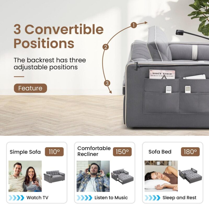 DEALTOPS 3 in 1 Sofa Bed, 55  Loveseat Sleeper with Two Pillows and Phone Stand, Gray - Image 6