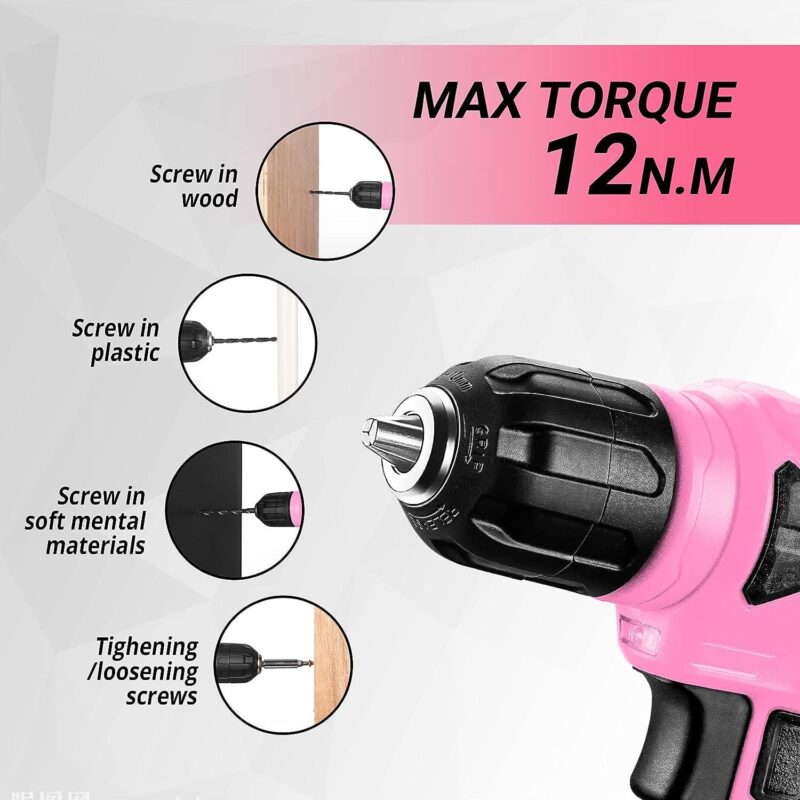 DEKOPRO Drill Set: Tool Set with 8V Pink Cordless Drill, Home Tool Kit with Drill, Hand Tool Kits for Women 126 Piece - Image 5