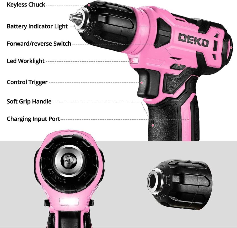 DEKOPRO Drill Set: Tool Set with 8V Pink Cordless Drill, Home Tool Kit with Drill, Hand Tool Kits for Women 126 Piece - Image 4