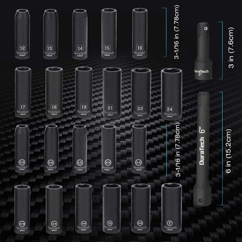 DURATECH 24-Piece Impact Socket Set, 1/2  Drive Deep Impact Socket Set with 2pcs 1/2-inch Hexagon Extension Bars, Metric i 1/4 SAE, Hard Case Included - Image 3