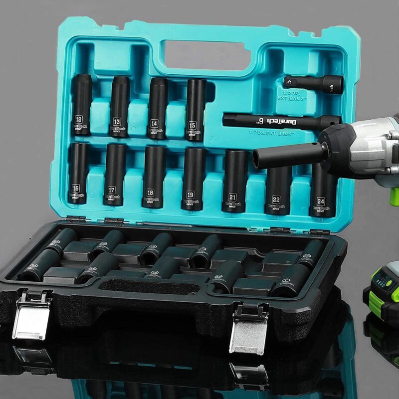 DURATECH 24-Piece Impact Socket Set, 1/2  Drive Deep Impact Socket Set with 2pcs 1/2-inch Hexagon Extension Bars, Metric i 1/4 SAE, Hard Case Included - Image 7