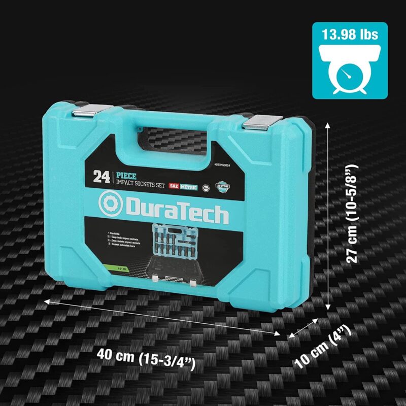 DURATECH 24-Piece Impact Socket Set, 1/2  Drive Deep Impact Socket Set with 2pcs 1/2-inch Hexagon Extension Bars, Metric i 1/4 SAE, Hard Case Included - Image 4