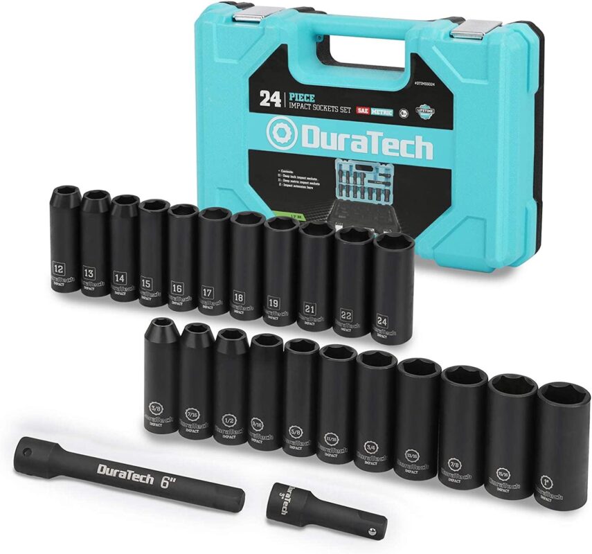 DURATECH 24-Piece Impact Socket Set, 1/2  Drive Deep Impact Socket Set with 2pcs 1/2-inch Hexagon Extension Bars, Metric i 1/4 SAE, Hard Case Included