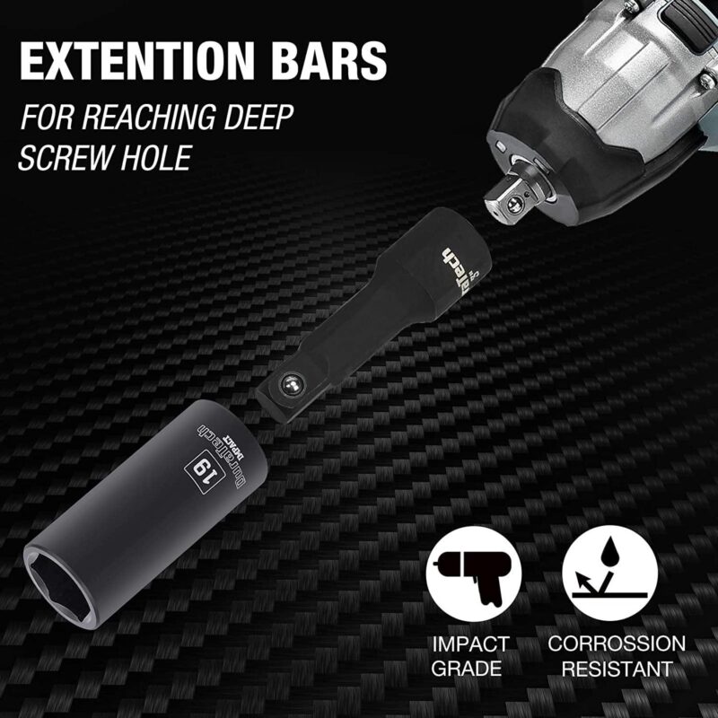 DURATECH 24-Piece Impact Socket Set, 1/2  Drive Deep Impact Socket Set with 2pcs 1/2-inch Hexagon Extension Bars, Metric i 1/4 SAE, Hard Case Included - Image 5